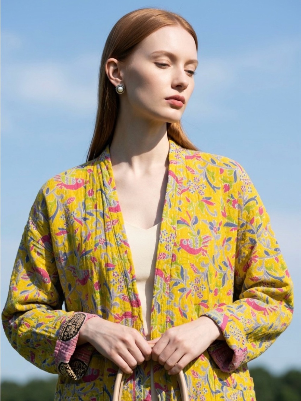 Kantha Yellow Floral Quilted Jacket - Lightweight Women's jacket